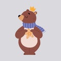 Cute Bear Animal Wearing Scarf and Crown Holding Gingerbread Star Enjoying Winter Season Vector Illustration