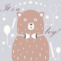 Cute Bear announces arrival of a baby boy. Vector illustration