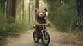 cute bear on bicycle. Biking bear bicycle riding cute animal in the forest