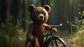 cute bear on bicycle. Biking bear bicycle riding cute animal in the forest