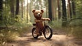 cute bear on bicycle. Biking bear bicycle riding cute animal in the forest