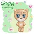 Cute bear with big eyes and a bouquet of flowers, Spring is coming Royalty Free Stock Photo