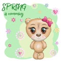 Cute bear with big eyes and a bouquet of flowers, Spring is coming Royalty Free Stock Photo