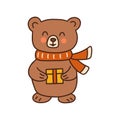 Cute bear in red scarf holding gift. Vector