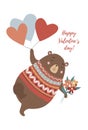 Cute bear with bouquet of flowers flying on the heart-shaped balloons in hand drawn style Royalty Free Stock Photo