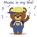 Bear a brown musician in a baseball cap, headphones and blue overalls stands with a raised hand in the style of cartoons Royalty Free Stock Photo