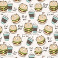 Cute Bear Burger And Coffee Cup Pattern Background.