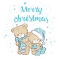 Cute bear in a cap and a scarf. Winter holidays. Christmas and New Yea