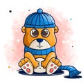 cute bear cartoon character wearing blue beanie and scarf illustration Royalty Free Stock Photo