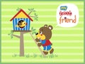 Cute bear cartoon climbing tree to bird cage