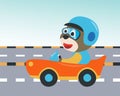 Cute Bear Cartoon Driving A Vintage Race Car. Vector Childish Background For Fabric Textile, Nursery Wallpaper, Card, Poster And