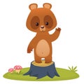 Cute bear cartoon waving hand and standing on a tree stump. Vector illustration isolated. Royalty Free Stock Photo
