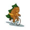 Cute bear character on bicycle with fir tree vector illustration. Fir tree delivery service. Bear cartoon character