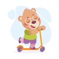 Cute Bear Character Ride Scooter and Smiling Vector Illustration