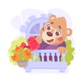 Cute Bear Character Water Flowers on Balcony Vector Illustration