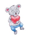 Cute bear clothed holding heart