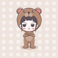 Cute bear costume girl with sulk expression cartoon character