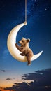 Cute bear cub sits on a crescent moon hanging in the starry night sky at dusk Royalty Free Stock Photo