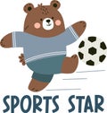 Cute bear cub in uniform playing soccer. Flat vector illustration in children's style on white background. Sports Royalty Free Stock Photo