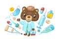 Cute bear doctor character with medical tools and drugs, vector illustration on white background. Kids clinic banner