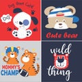 cute bear, dog & king lion animals art print