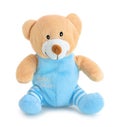 Cute bear doll isolated on white background with shadow reflection. Playful bright brown and blue bear sitting on white underlay. Royalty Free Stock Photo