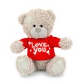 Cute bear doll with red LOVE YOU shirt isolated on white background with shadow reflection. Playful bright brown bear.