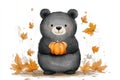 cute bear doodle with a tiny pumpkin, fall leaves autumn design concept Royalty Free Stock Photo