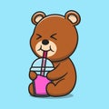 Cute bear drink juice cartoon vector icon illustration