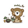 Cute Bear drinking macha green tea.Cute cartoon character Royalty Free Stock Photo