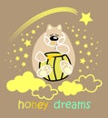 The cute bear eats honey. Vector illustration honey dreams, pastel colors