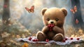 A cute bear enjoying berries in a serene forest setting with butterflies Royalty Free Stock Photo