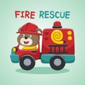 Cute Bear Firefighter Riding Fire Truck Cartoon Vector Icon Illustration.