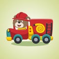 Cute Bear Firefighter Riding Fire Truck Cartoon Vector Icon Illustration.
