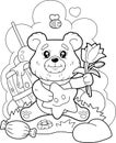 Cute bear with flowers, coloring book, cartoon illustration