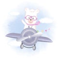 Cute bear flying on airplane hand drawn animal cartoon illustration watercolor Royalty Free Stock Photo