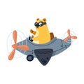 Cute bear flying on airplane, happy illustration isolated on white background. Vector Royalty Free Stock Photo