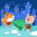 Cute bear and fox are carrying Christmas tree. Cartoon characters on street in city. Single composition, scene on Royalty Free Stock Photo