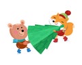 Cute bear and fox are carrying Christmas tree. Cartoon characters on white background. Vector illustration. Royalty Free Stock Photo