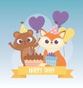 Cute bear and fox with party hats cake balloons celebration happy Royalty Free Stock Photo