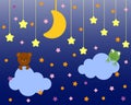 Cute bear and frog sitting on a cloud. Cartoon character for invitation. Children's background with moon, stars