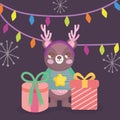 Cute bear with gifts and lights merry christmas card Royalty Free Stock Photo