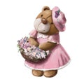 Cute bear girl with flowers, children`s illustration, hand drawn clipart Royalty Free Stock Photo