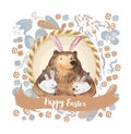 Cute bear and his little bunnies. Hand Drawn Watercolor illustration. Happy Easter Card Royalty Free Stock Photo