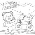 Cute bear and his Rover exploring the red planet. Vector hand-drawn coloring children`s illustration. Creative vector Childish