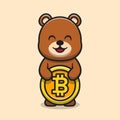 Cute bear holding bitcoin cartoon vector icon illustration