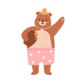 Cute bear holding honey pot. Funny teddy in straw hat and trunks portrait. Happy sweet baby animal eating and waving