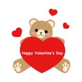 Cute bear holding red heart with Happy Valentine`s Day text on white background.