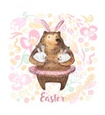 Cute bear holding two little bunnies. Hand Drawn Watercolor illustration. Happy Easter Card Royalty Free Stock Photo