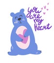 Cute bear holds a heart. Hand draw Inscription You Are My Heart. Valentine day, romantic, Birthday holiday symbol. Cartoon vector Royalty Free Stock Photo